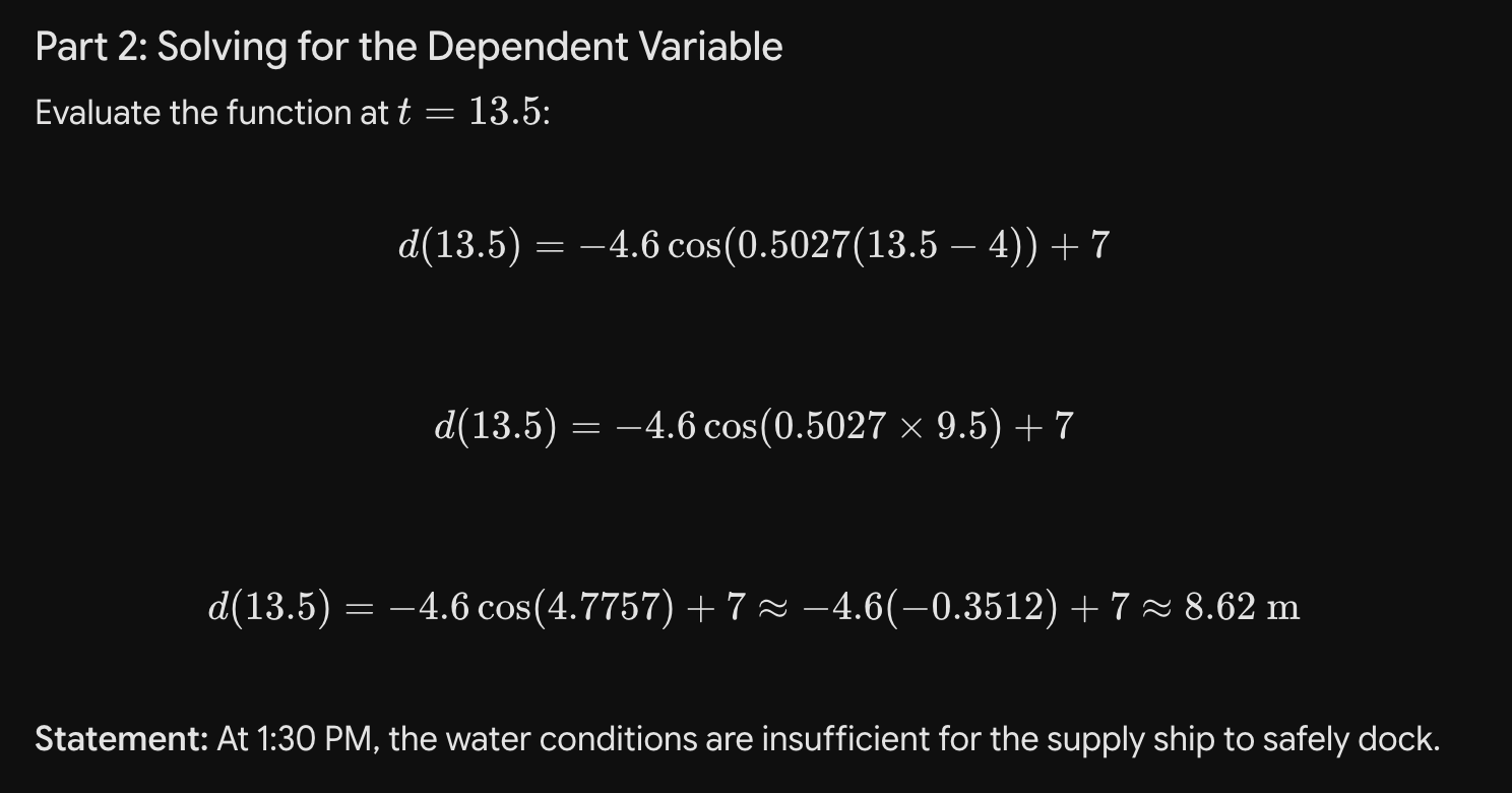 Gemini solution, Part 2: solving for the dependent variable at t = 13.5, giving d(13.5) ≈ 8.62 m.