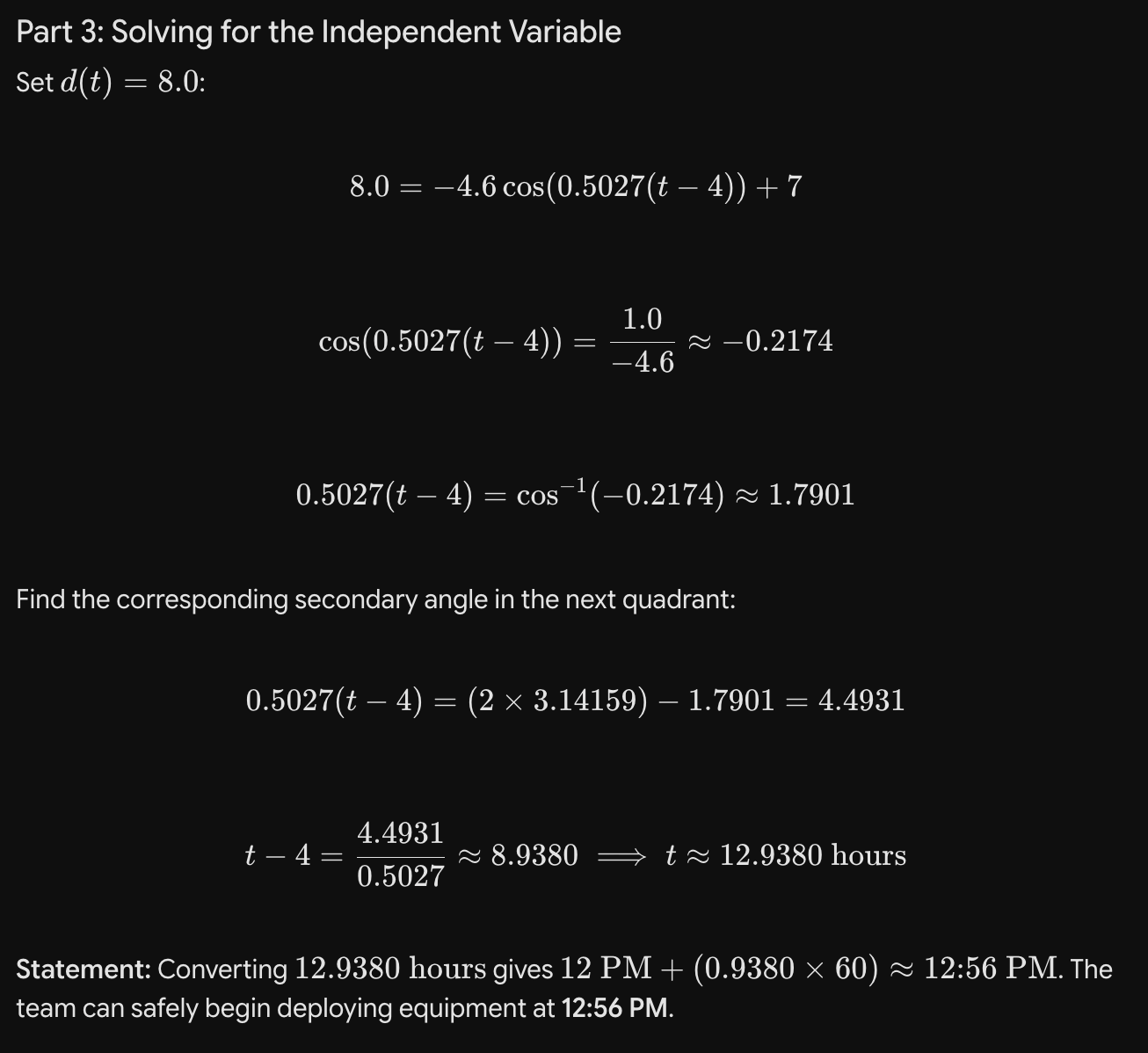 Gemini solution, Part 3: solving for the independent variable with d(t)=8.0, giving t ≈ 12.9380 hours ≈ 12:56 PM.